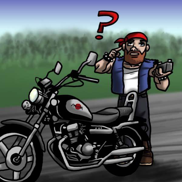 A cartoonish guy standing by a motorcycle holding a motorcycle a battery with a question mark above his head.